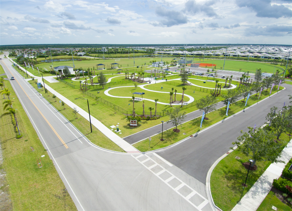 Riverland Paseo Park aerial of entrance