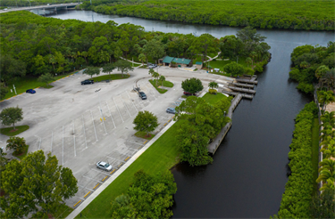 Veterans Park at Rivergate aerial of parking area and boat ramps