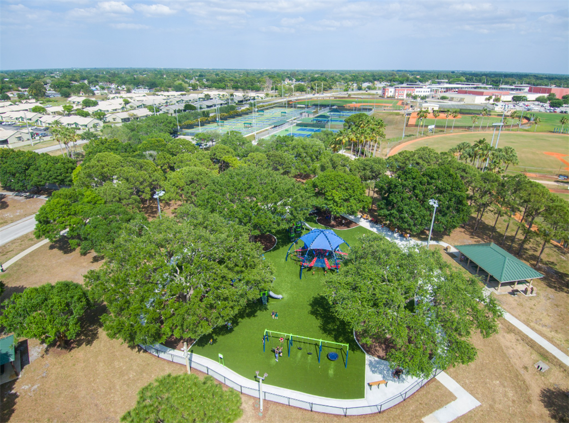 Whispering Pines Park aerial of playground, courts, pavilion and ball fields