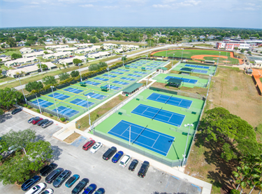 Whispering Pines Park courts, ball fields and parking aerial