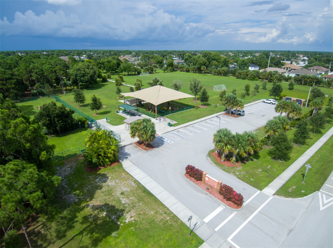 Woodland Trails Park aerial with playground and fitness stations