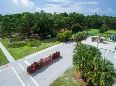 Woodland Trails Park aerial of entrance with walking trail