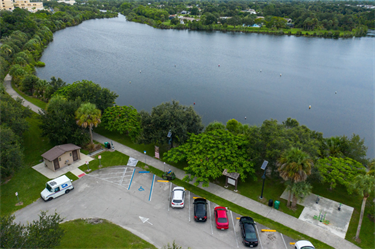 Woodstork Trail Park aerial of parking and fitness stations and restrooms