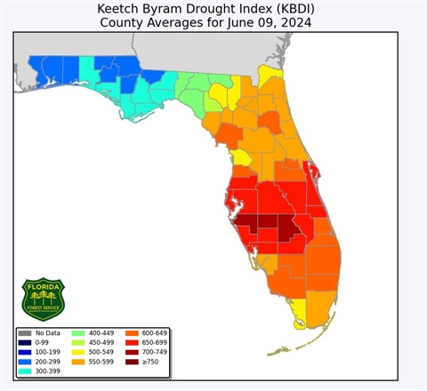 Burn ban drought index for June 09, 2024 map